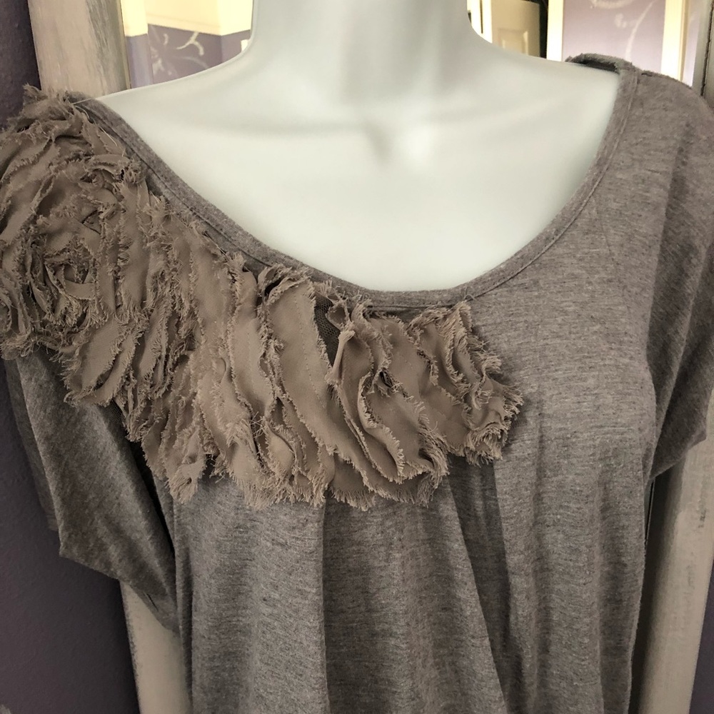 Gray Top with Ruffles at Neckline
